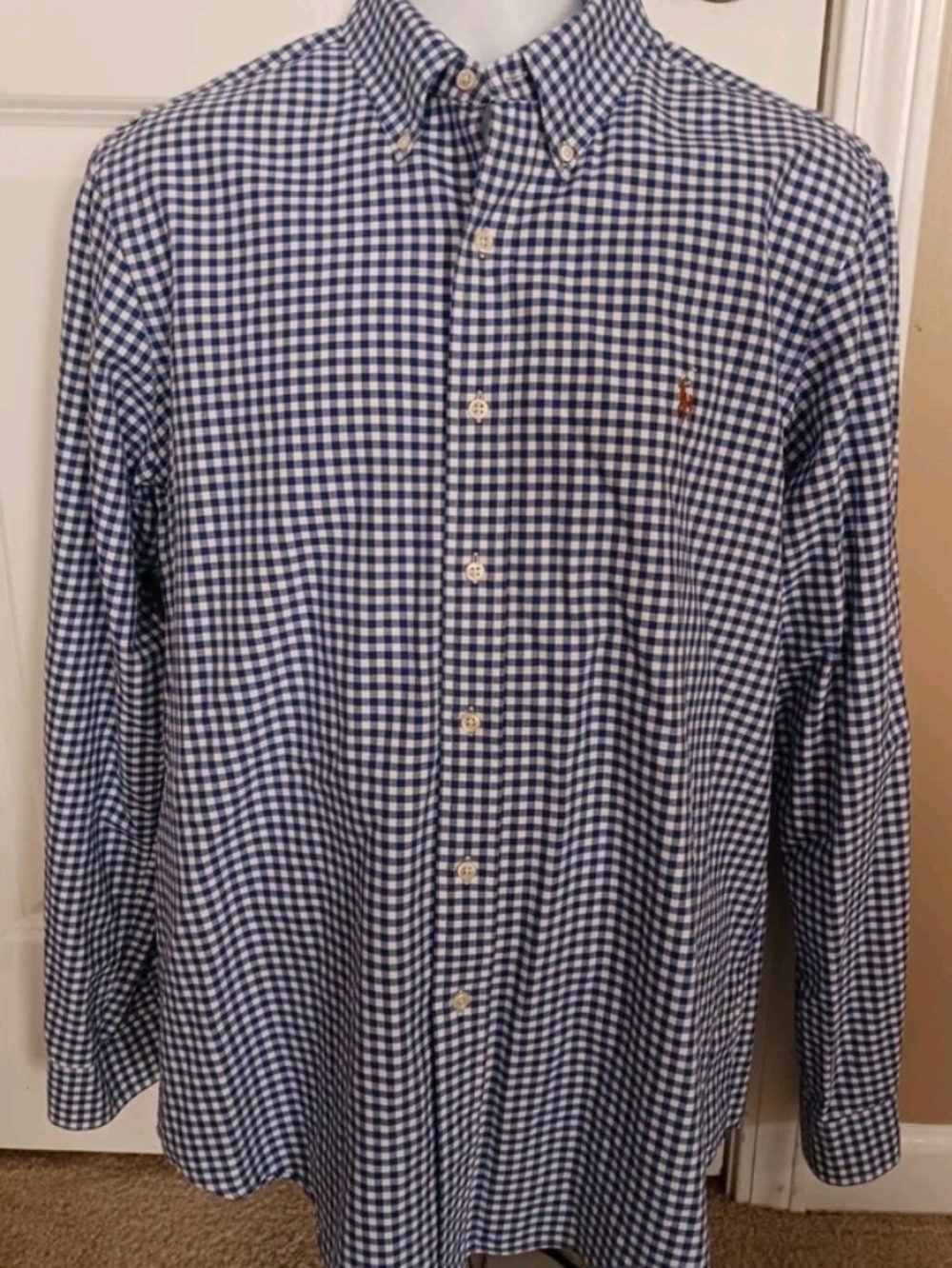 Ralph Lauren Men's Large Blue And White Gingham Checker Button-Down Dress Shirt